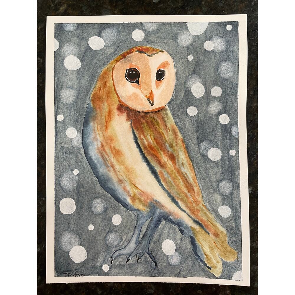 Hand painted watercolor original painting owl in snow 12x9”